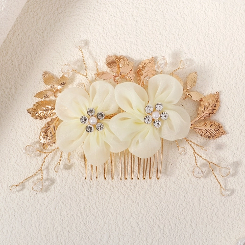 Elegante Pettine per Capelli da Sposa Oro Con Fiori in Tessuto Strass Perla Artificiale Gioielli per Capelli Matrimonio Donna