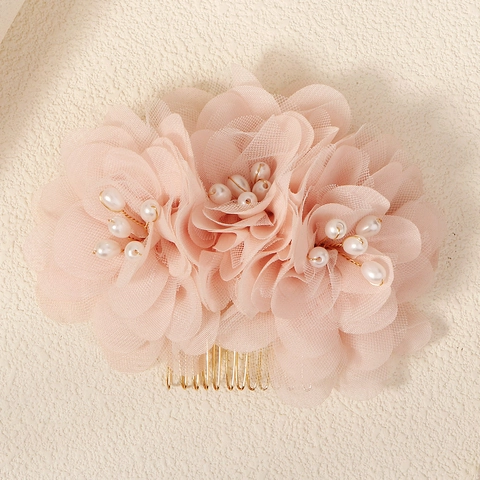 Handgemaakte Roze 3D Gaas Bloem Bruid Haarkam Met Kunstparel Voor Bruiloft Fotografie Feest Vrouwen Elegante Haaraccessoires