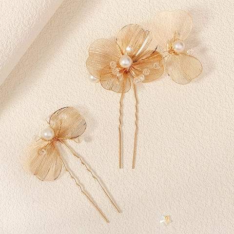 Handgefertigt Gold Kupferdraht Blume Braut Haarnadel Set Mit Künstlichen Perlen Und Strass Elegant Hochzeit Haarschmuck