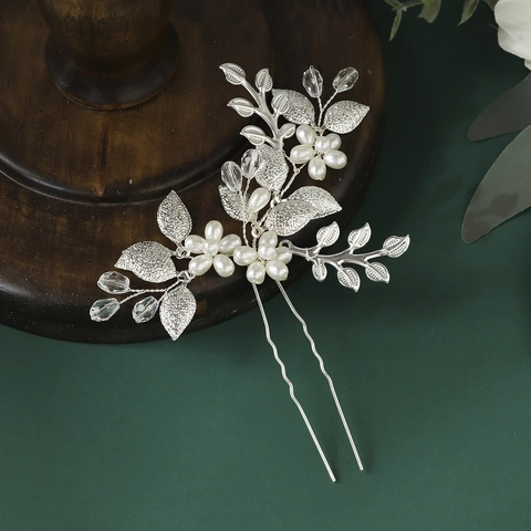 Bastoncino per Capelli in Lega d'Argento Floreale Fatto a Mano Con Perle Artificiali Bianche Strass per Donna Matrimonio Banchetto