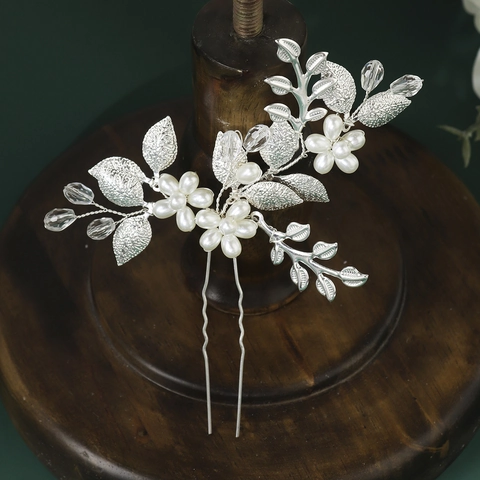 Bastoncino per Capelli in Lega d'Argento Floreale Fatto a Mano Con Perle Artificiali Bianche Strass per Donna Matrimonio Banchetto