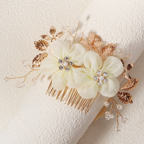 Elegante Pettine per Capelli da Sposa Oro Con Fiori in Tessuto Strass Perla Artificiale Gioielli per Capelli Matrimonio Donna