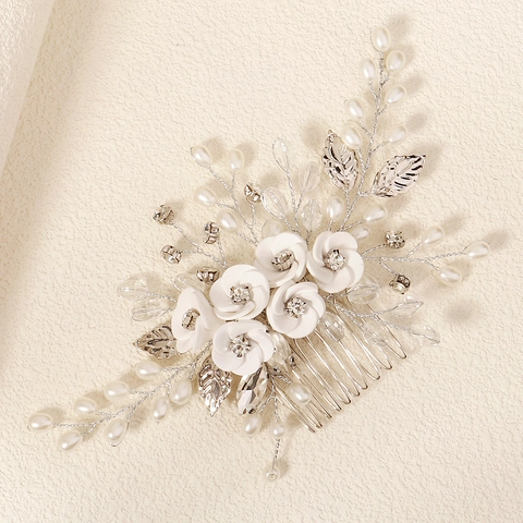 Pettine per Capelli da Sposa in Fiore di Argilla Polimerica Fatto a Mano Elegante Copricapo da Sposa con Perle Artificiali e Strass
