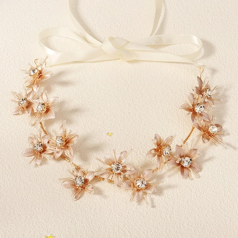 Fascia per Capelli da Sposa Artigianale in Metallo Oro Champagne Con Strass e Perla Artificiale Fascia Con Raso Accessori Capelli Matrimonio