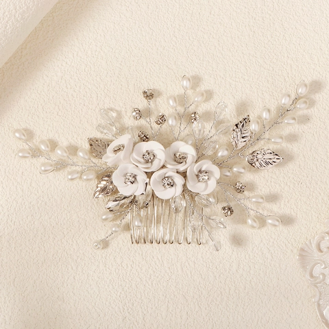 Pettine per Capelli da Sposa in Fiore di Argilla Polimerica Fatto a Mano Elegante Copricapo da Sposa con Perle Artificiali e Strass