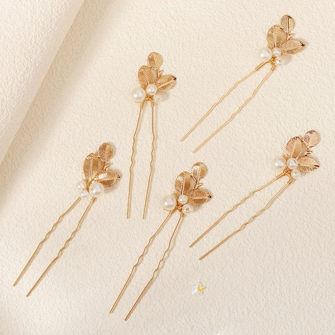 Palillos para el Cabello de Aleación Dorada Hoja y Perla Artificial Vintage Lujoso Novia Horquillas en U para Boda Banquete Mujer