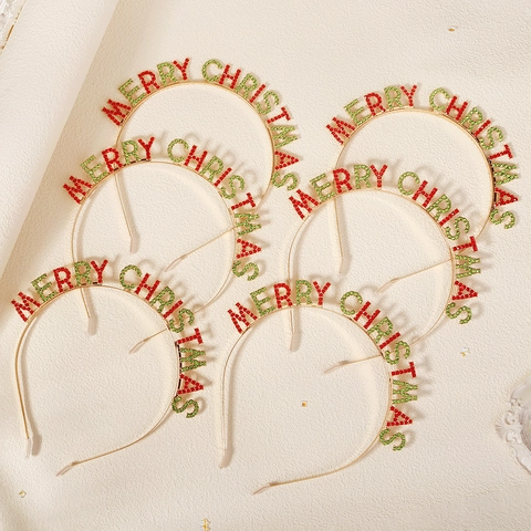 Merry Christmas Rhinestone Letter Headband Alloy Metal Hair Hoop Red Green Festive Party Hair Accessories For Women