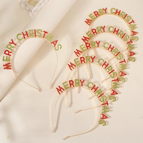 Merry Christmas Rhinestone Letter Headband Alloy Metal Hair Hoop Red Green Festive Party Hair Accessories For Women