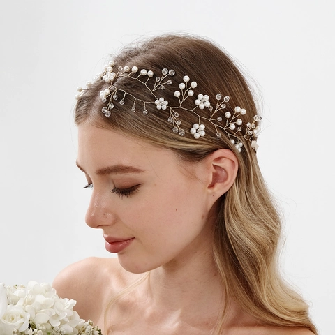 Vite per Capelli da Sposa Fatta a Mano Perla Artificiale Strass Copricapo da Sposa Filo di Rame Oro Accessorio con Nastro