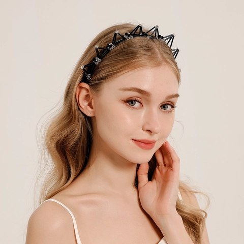 Cerchietto con Perline Nere Stile Occidentale Design Triangolo Geometrico con Strass per Donna Accessori per Capelli Festa Gothic