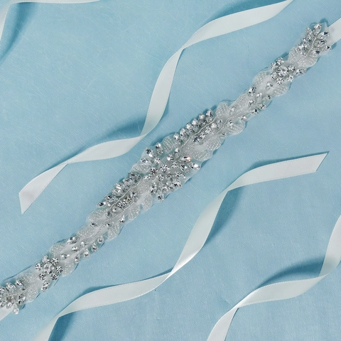 Cintura da Sposa in Strass Fatta a Mano per Matrimonio Festa Donna Lussuosa Cintura con Perline Fiori e Foglie con Nastro di Raso Bianco