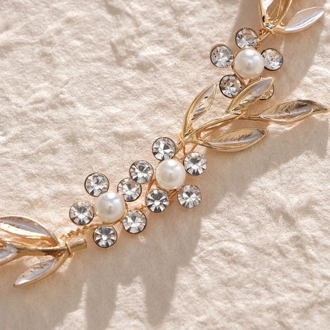 Fascia per Capelli da Sposa in Lega Vintage a Forma di Fiore e Foglia Elegante Copricapo da Sposa con Strass e Perla Artificiale per Donna