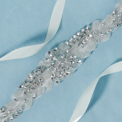 Cintura da Sposa in Strass Fatta a Mano per Matrimonio Festa Donna Lussuosa Cintura con Perline Fiori e Foglie con Nastro di Raso Bianco