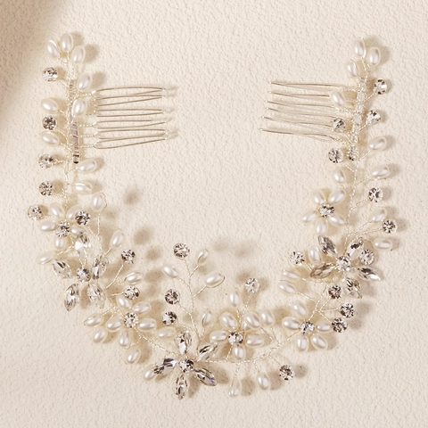 Handmade Bridal Hair Vine With Artificial Pearl Rhinestone Silver Color Flower Hair Comb Wedding Headpiece For Women Jewelry