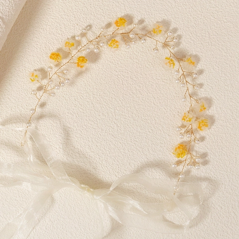 Fascia per Capelli da Sposa Fatta a Mano con Fiori Gialli e Perle Artificiali Ramo in Filo di Rame per Matrimonio Donna Fotografia