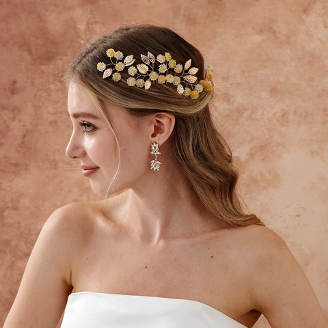 Set di Accessori per Capelli Sposa Fatto a Mano Foglia Oro Perla Artificial Imitazione Fiore Pettine e Forcine per Matrimonio Festa Donna
