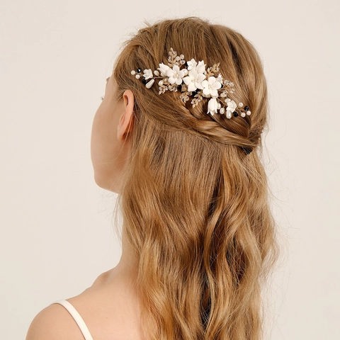 Pettine per Capelli da Sposa Fatto a Mano Con Fiori in Ceramica Perle Artificiali Cristallo Strass Foglie Dorate Matrimonio Festa Donna