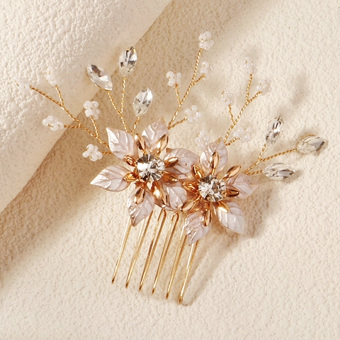 Pettine per Capelli da Sposa con Fiori in Metallo Dorato Fatto a Mano in Lega Strass Perla Artificial per Matrimonio Festa Ballo Donna Gioielli