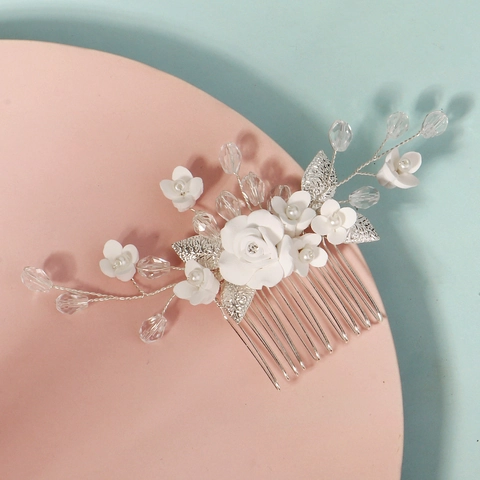 Pettine per Capelli Sposa Fatto a Mano in Argilla Polimerica Rosa Bianca Foglia Argento Cristallo Accessori per Matrimonio Donna