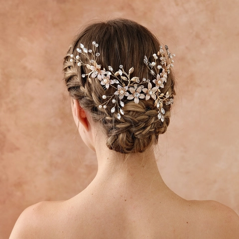 Pettine per Capelli Sposa Fatto a Mano Oro Fiore di Metallo Strass Perla Artificial Elegante Accessorio per Capelli Matrimonio Donna