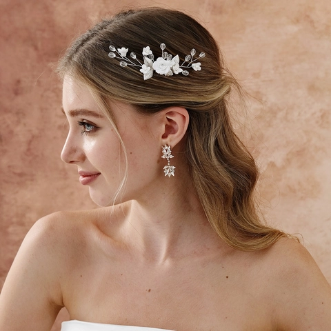 Pettine per Capelli Sposa Fatto a Mano in Argilla Polimerica Rosa Bianca Foglia Argento Cristallo Accessori per Matrimonio Donna