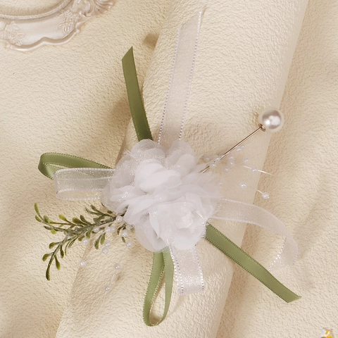 Broche de Flor de Tela Hecho a Mano Corsage de Muñeca Camelia Blanca Con Cinta de Perlas Artificiales de Imitación para Boda Fiesta Mujer