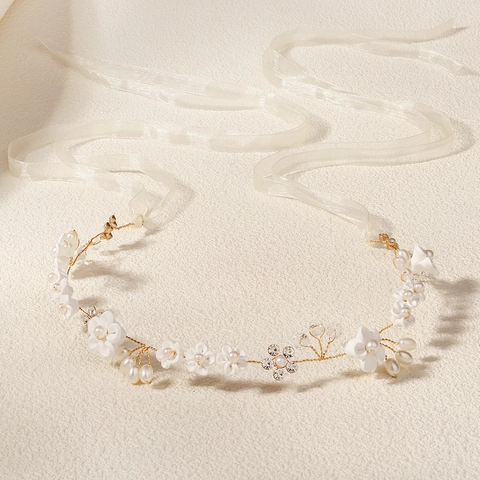 Fascia per Capelli da Sposa Fatta a Mano Con Fiori in Pasta Polimerica Perle Artificiali Strass Oro Lega Elegante Accessori per Capelli Matrimonio Donna