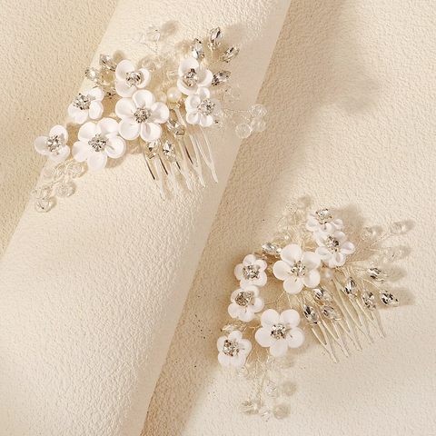 Handmade Bridal Flower Hair Comb White Polymer Clay Rhinestone Acrylic Crystal Wedding Party Hair Accessories For Women