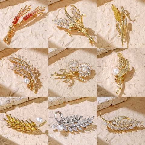 Eleganter Weizenähre Blume Brosche Für Damen Kupfer Zirkonia Eingelegt Künstliche Perle Reversnadel Bankett Schmuck Geschenk