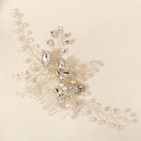Handmade Silver Bridal Hair Comb Rhinestone Crystal Butterfly Pearl Flower Headpiece Wedding Party Accessories For Women