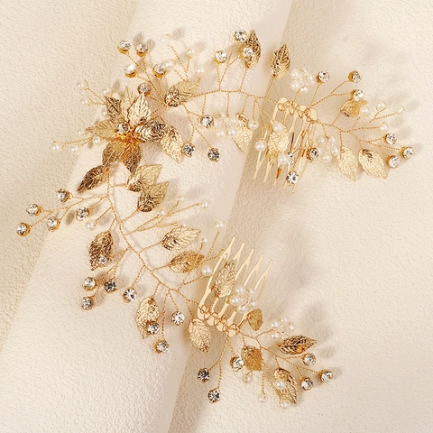Pettine per Capelli da Sposa in Lega d'Oro Fatto a Mano con Foglie Strass e Künstliche Perle Imitazione per Matrimonio Festa Donna Gioielli