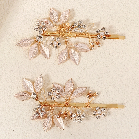 Handgefertigte Braut Haarspange Vintage Strass Blatt Blume Kopfschmuck Gold Haarnadeln Hochzeit Party Damen Haarschmuck