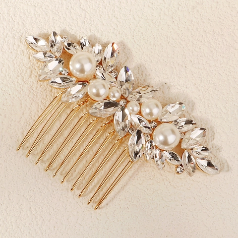 Pettine per Capelli da Sposa in Lega con Strass e Künstliche Perle Imitazione Design a Foglia Matrimonio Banchetto Festa Gioielli Oro