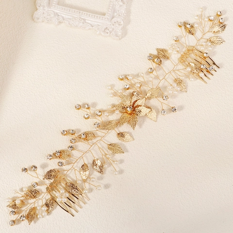 Pettine per Capelli da Sposa in Lega d'Oro Fatto a Mano con Foglie Strass e Künstliche Perle Imitazione per Matrimonio Festa Donna Gioielli