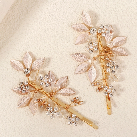 Handgefertigte Braut Haarspange Vintage Strass Blatt Blume Kopfschmuck Gold Haarnadeln Hochzeit Party Damen Haarschmuck