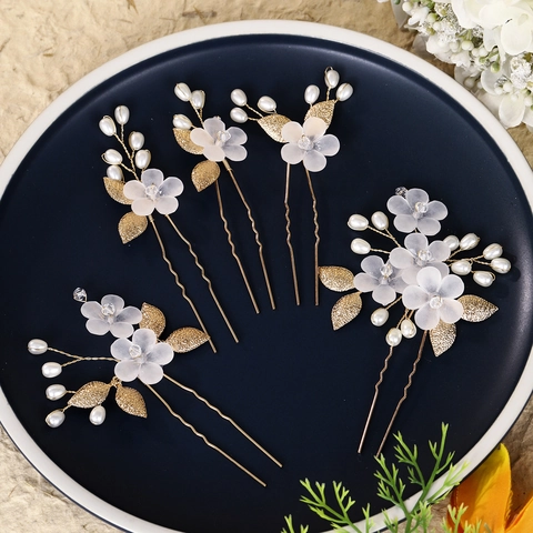 Palillos para el Cabello Hechos a Mano Flores de Acrílico Blanco Perla Artificial Accesorios de Novia Retro Oro Plata Aleación Horquillas en U