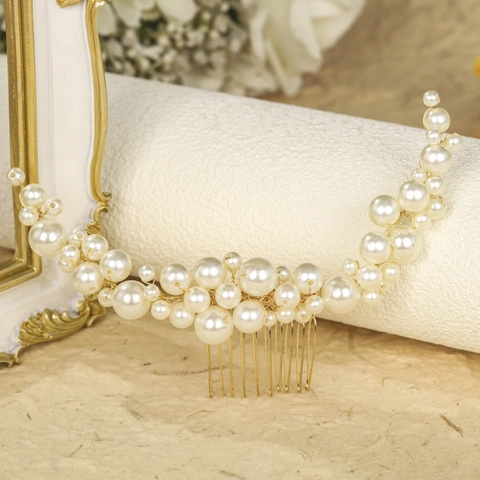 Pettine per Capelli da Sposa Vintage Artigianale Perla Artificiale Filo in Lega d'Oro per Matrimonio Festa Donna Copricapo Gioielli