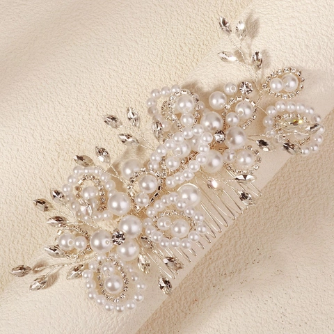 Elegante Pettine Per Capelli Da Sposa Argento Con Perla Artificiale Strass Design Fiore Foglia Gioielli Fatti A Mano Matrimonio