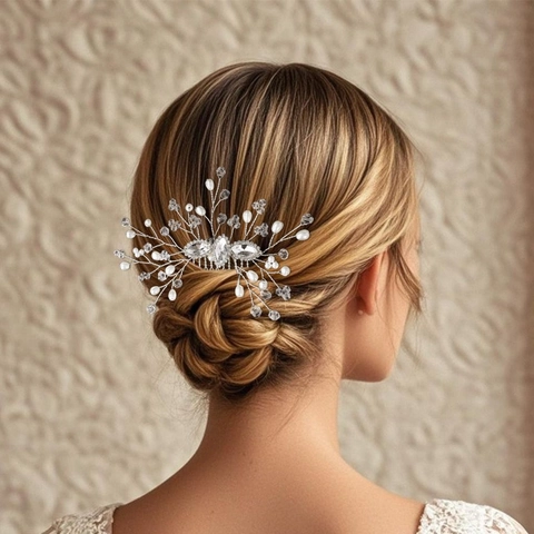 Elegant Bridal Hair Comb With Alloy Rhinestone And Artificial Pearl Handmade Wire Wrapped Floral Wedding Headpiece For Women