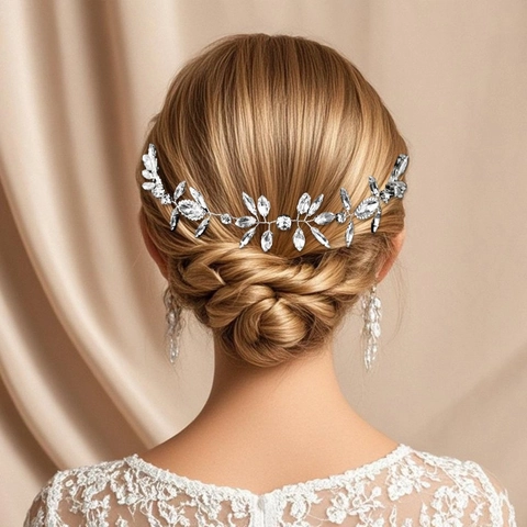 Vigne de Cabello para Novia de Lujo en Aleación de Plata Hoja de Diamantes de Imitación Elegante Peine Tejido para Mujer Boda