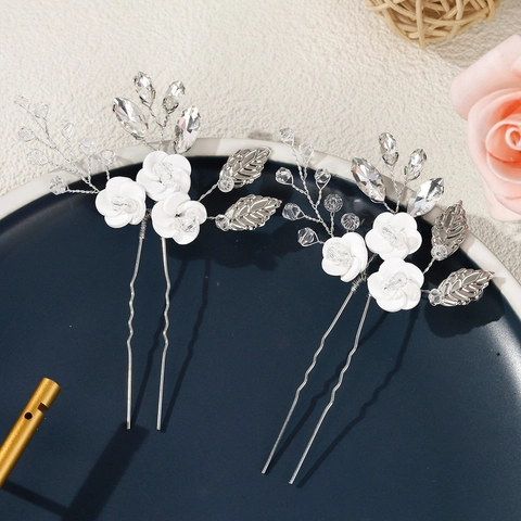 Handmade Ceramic Flower Bridal Hair Stick Set Alloy Silver Leaf Rhinestone Elegant Wedding Party Hair Pins For Women