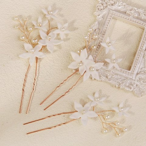 Eleganti Bastoncini per Capelli Floreali Fatti a Mano Lega Perle Artificiali Polistirolo Fermagli Sposa Accessori Matrimonio Donna Gioielli