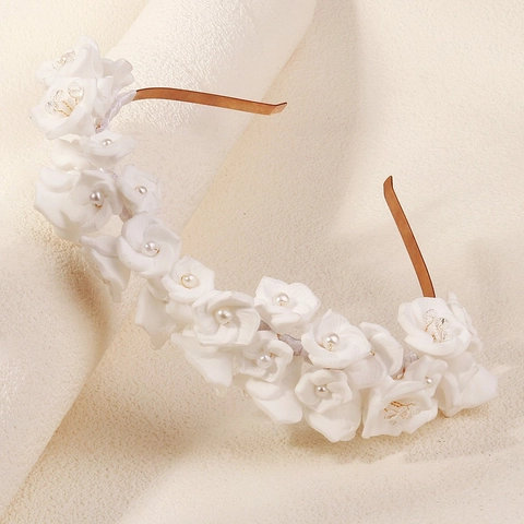 Conjunto de Diadema y Peineta de Flores Blancas Hecho a Mano con Perlas Artificiales Aleación Dorada Accesorios de Boda Novia