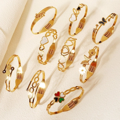 Bracciale Rigido alla Moda in Acciaio Inossidabile con Apertura a Molla Placcato Oro Farfalla Cuore Strass Donna