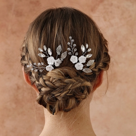 Handmade Ceramic Flower Bridal Hair Stick Set Alloy Silver Leaf Rhinestone Elegant Wedding Party Hair Pins For Women