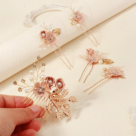 Handmade Bridal Hair Comb Pin Set Alloy Artificial Pearl Pink Fabric Flower Rhinestone Gold Leaf Retro Mori Wedding Headwear