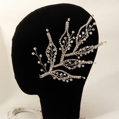 Elegante Vite per Capelli da Sposa con Rami di Foglie d'Argento Strass Copricapo da Sposa Fatto a Mano Fascia in Rame Donna