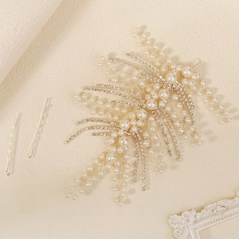 Lussuosa Fascia per Capelli da Sposa Fatta a Mano Lega Perla Artificiale Strass Foglia Piuma Accessori per Capelli per Matrimonio Banchetto Donna