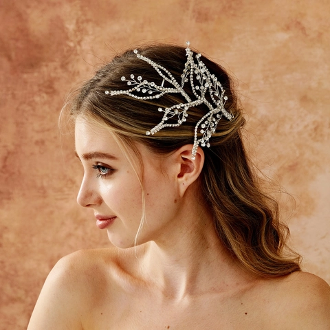 Elegante Vite per Capelli da Sposa con Rami di Foglie d'Argento Strass Copricapo da Sposa Fatto a Mano Fascia in Rame Donna