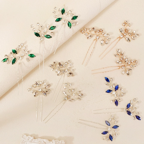 Juego de Horquillas de Novia Hechas a Mano Strass Hoja Rama Palitos para el Cabello Oro Plata Accesorios de Boda Mujer